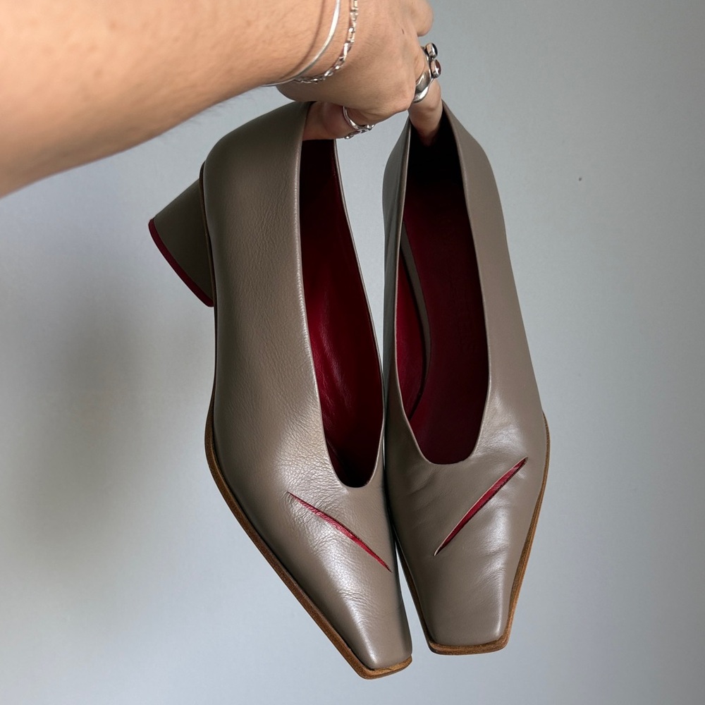 Gray Matters Taupe and Red Spacco Pumps